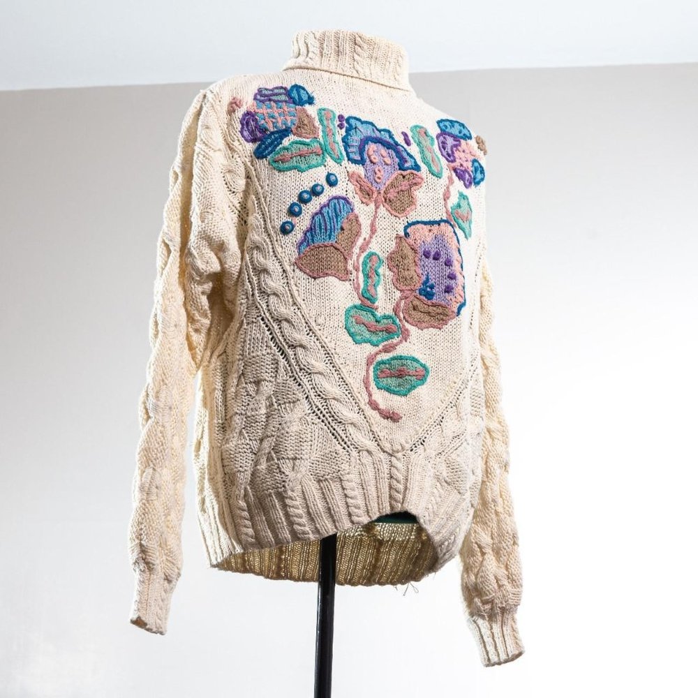 Vintage Cable Knit Sweater Turtleneck Ivory Floral Size 18/20